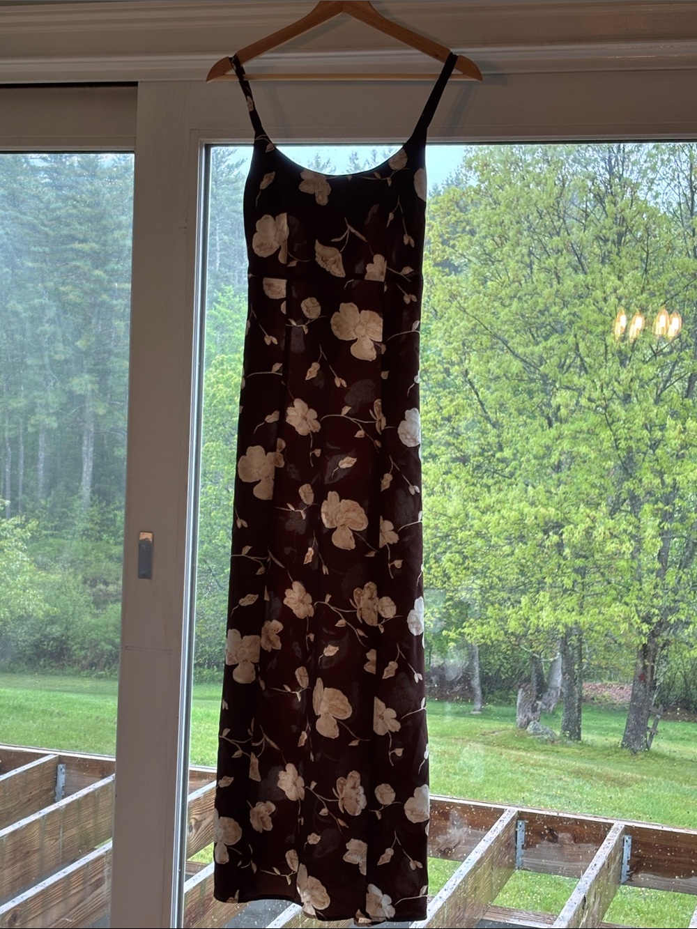 Vintage Floral Midi Slip Dress in Dark Chocolate and Cream